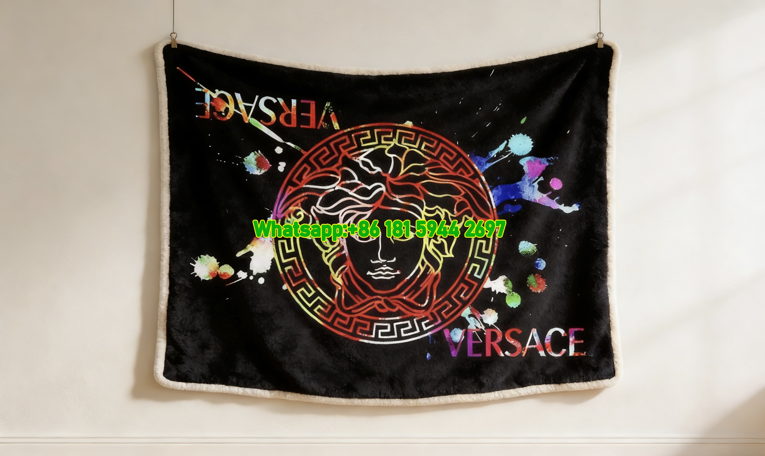 Versace Black Multicolor Rainbow Medusa Greek Key Paint Splash Print Flannel Sofa Throw Blanket IMG_1423